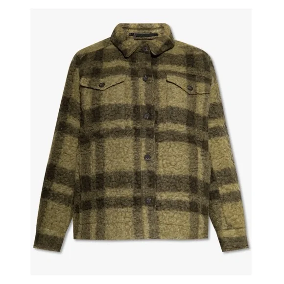 New!  ALL SAINTS Rosey Check Khaki Green Plaid Wool Blend Overshirt Jacket - Picture 2 of 10